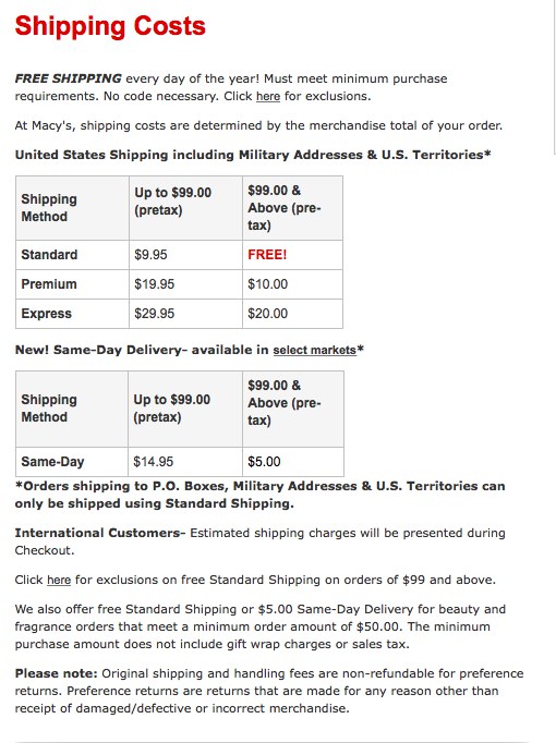 Macy's Shipping Costs