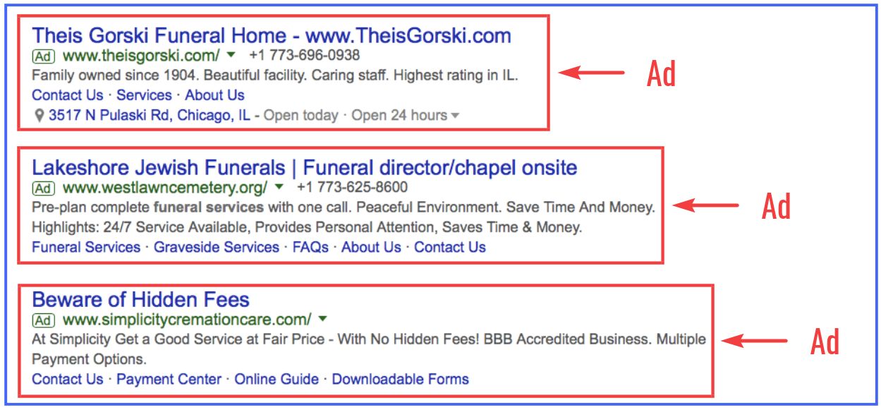 examples of Google Ads for funeral homes