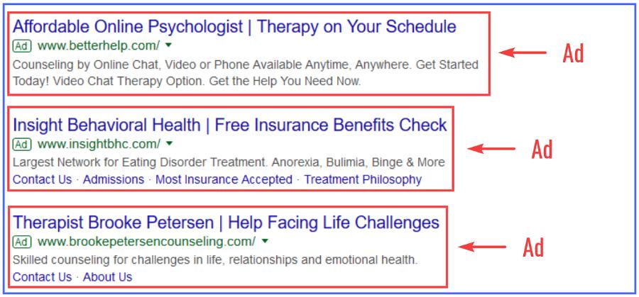 Examples of Google Ads for psychologists