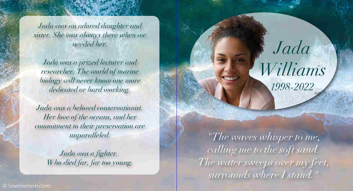 Sample of a printed program for a celebration of life that is ocean inspired