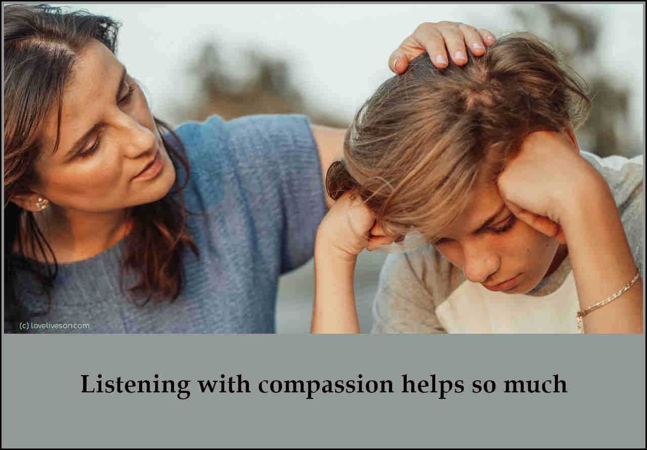 Shareable graphic meme with text overlay that says how to help someone who is grieving - listening with compassion helps so much. Background is a woman comforting a teenage girl with her hand on her head.