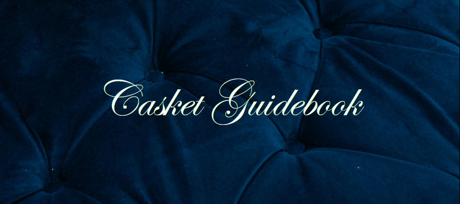 Banner heading graphic with text overlay that says Casket Guidebook. The background is closeup of blue velvet.