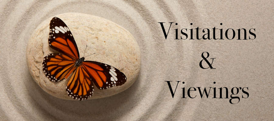 Banner heading graphic with text overlay that says funeral visitation and funeral viewing. Background is an orange butterfly on a rock.