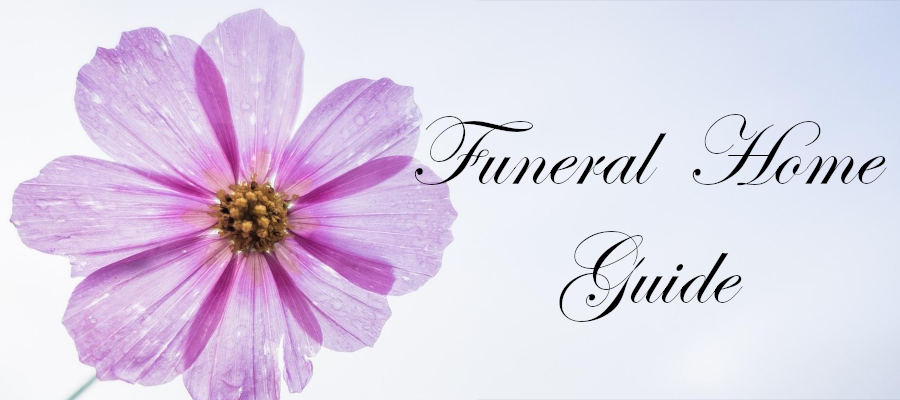 Banner heading graphic with text overlay: How to Choose a Funeral Home Guide. Background is a purple daisy.