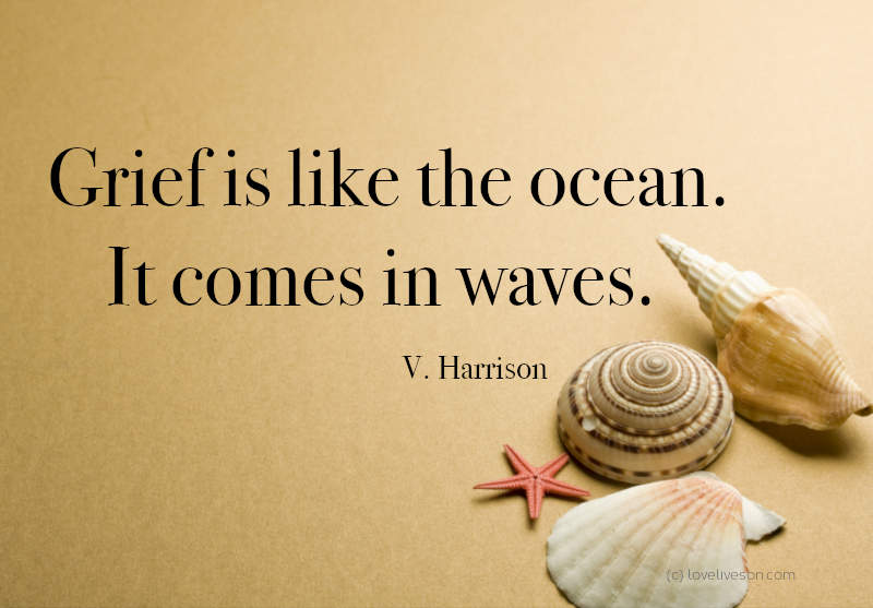 Shareable graphic meme for funeral visitation and funeral viewing. There is a text overlay that says grief is like the ocean - it comes in waves. Quote is by V. Harrison. The background is close up of shells on a beach.