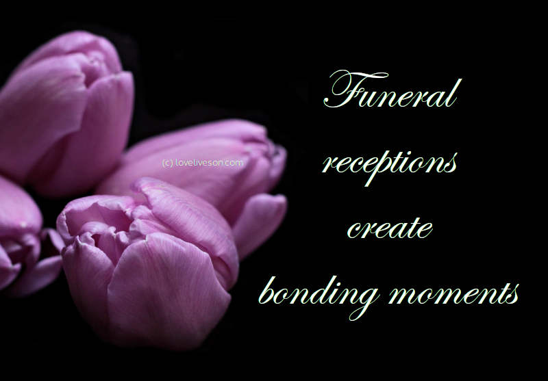 Shareable graphic or meme about types of funerals with text overlay: Funeral receptions create bonding moments. Background is purple tulips against a plain black background.