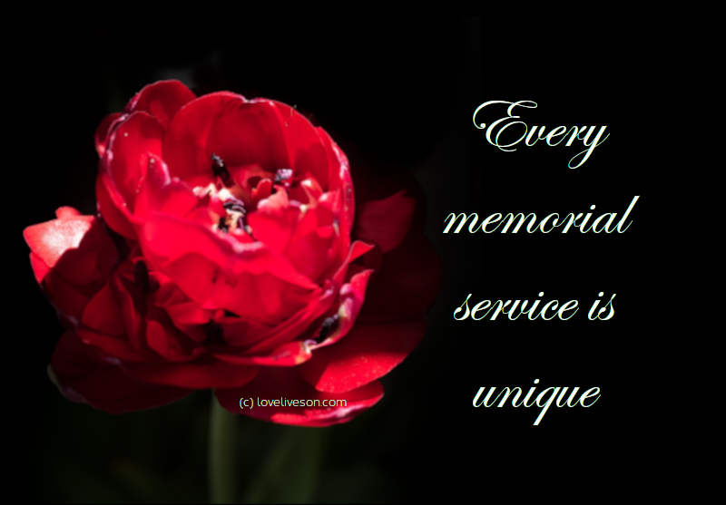 Shareable graphic or meme about types of funerals with text overlay: Every memorial service is unique. Background is a red tulip against a plain black background.