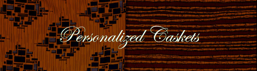 Subheading graphic with text overlay that says Personalized Caskets. The background is closeup of orange fabric.