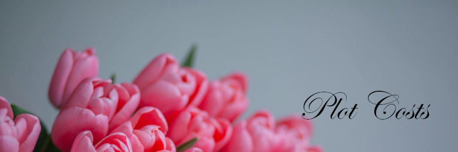 Subheading graphic with text overlay that says Burial Plot Costs. Background is grey with pink tulips.