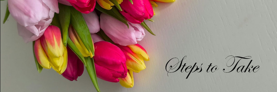 Subheading graphic with text overlay that says Steps to Take - How to Buy a Burial Plot. Background is grey with colourful tulips.