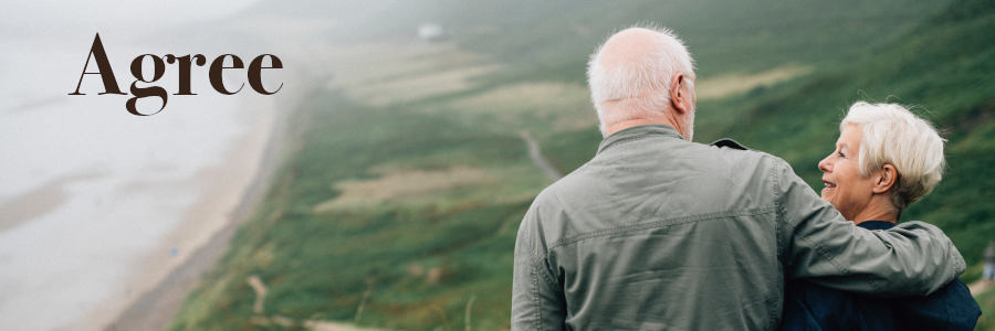 Subheading graphic with text overlay: Agree on My Final Wishes Planner. Background is elderly people on a beach cliff.