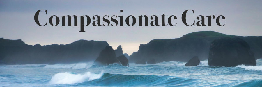 Subheading graphic with text overlay: what to do if someone dies at home - compassionate care. Background is the ocean and sea cliffs and rocks.