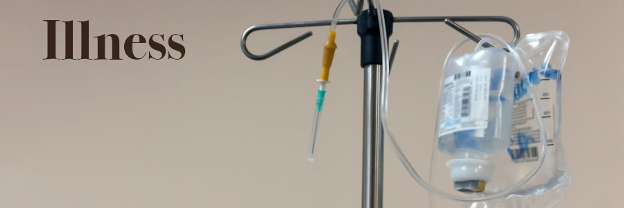 Subheading graphic with text overlay: Illness and final wishes. Background is an iv pole.