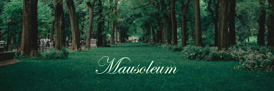 Subheading graphic with text overlay that says mausoleum burial options. The background is row of trees and green grass.